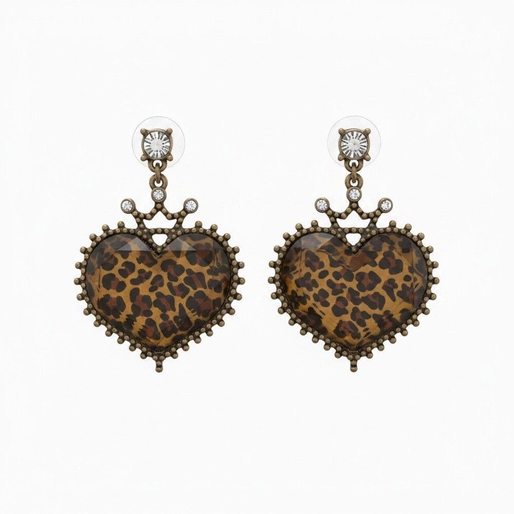 Vintage Betsey Johnson Heart Leopard Print Earrings with Crystals & Crown Stud